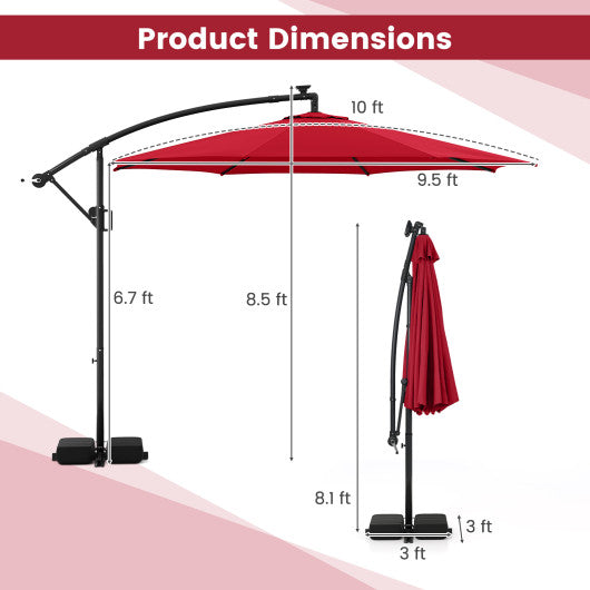 10 Feet Solar Offset Hanging Umbrella with Base and LED Lights-Red