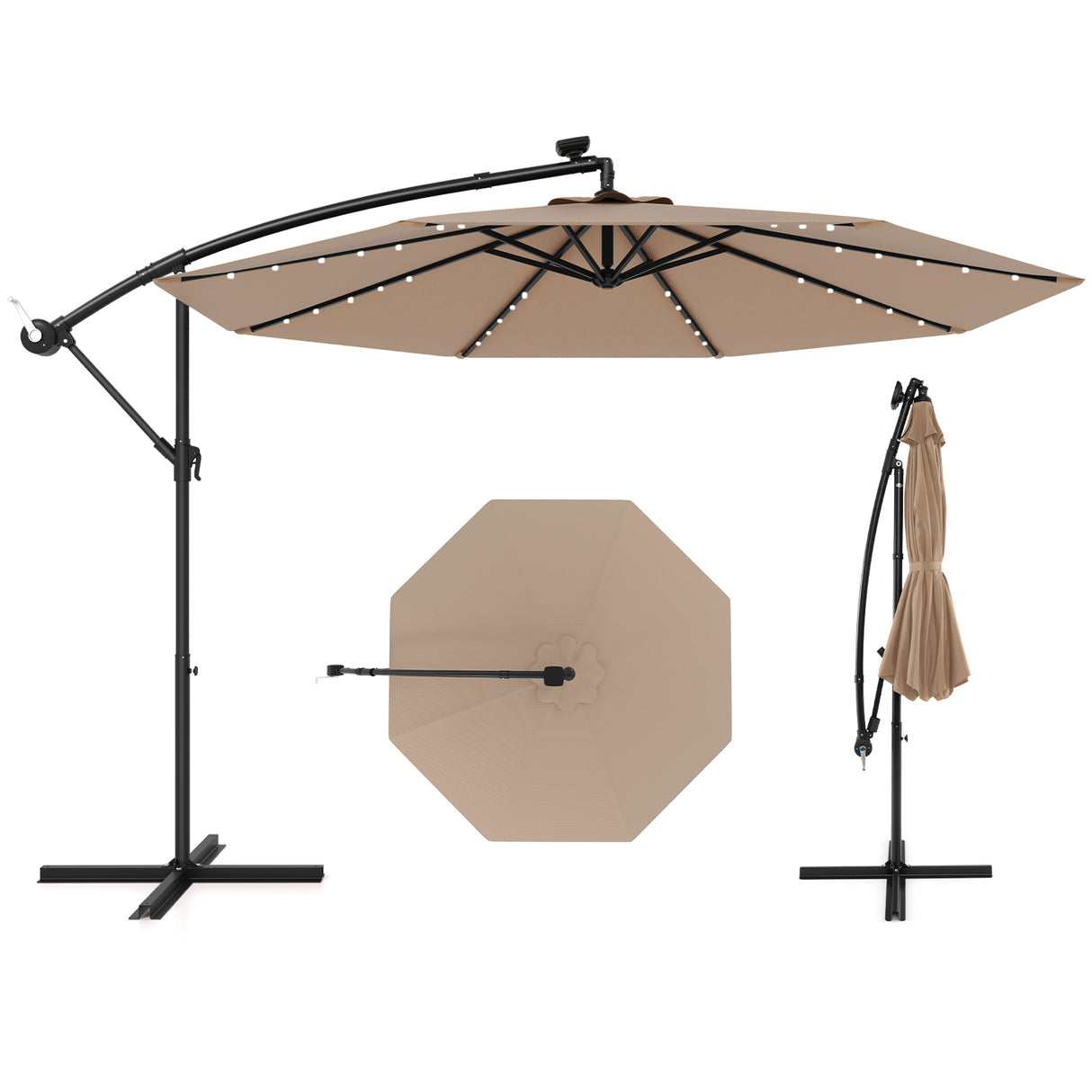 10 Feet Solar Offset Hanging Umbrella with 40 Lamp Beads and Solar Panel-Beige