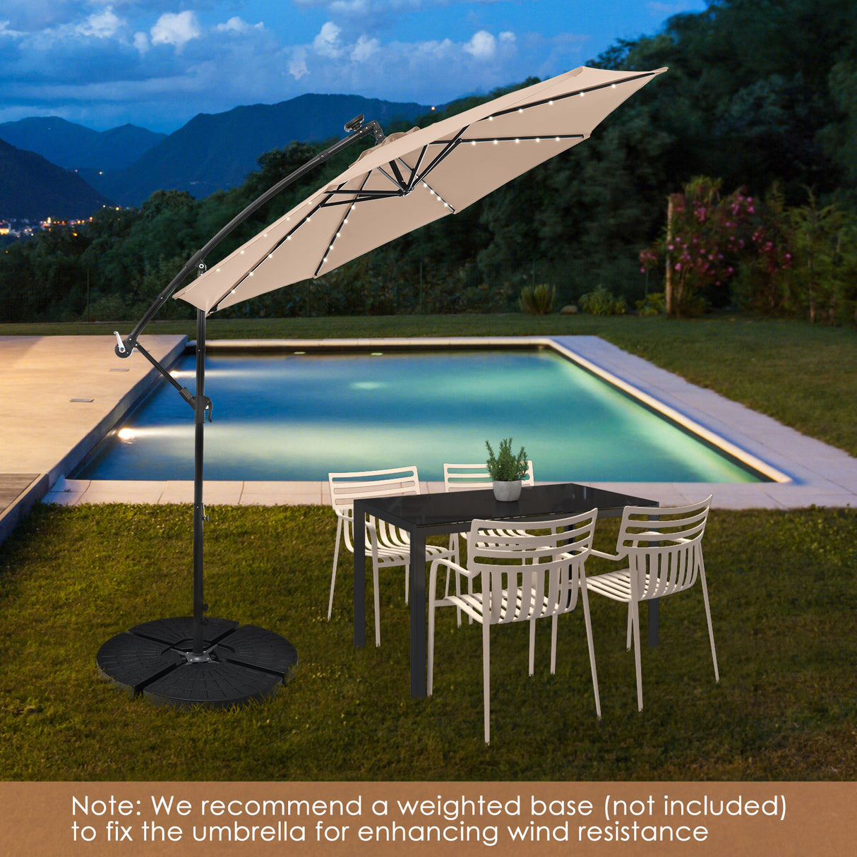 10 Feet Solar Offset Hanging Umbrella with 40 Lamp Beads and Solar Panel-Beige