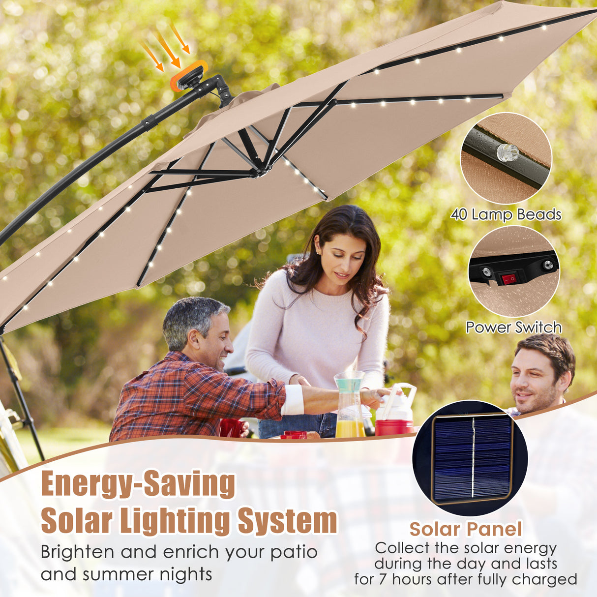 10 Feet Solar Offset Hanging Umbrella with 40 Lamp Beads and Solar Panel-Beige