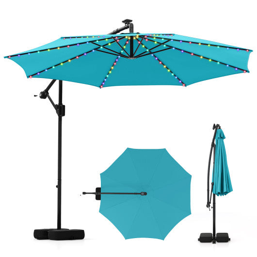 10 Feet Solar Offset Hanging Umbrella with Base and LED Lights-Turquoise