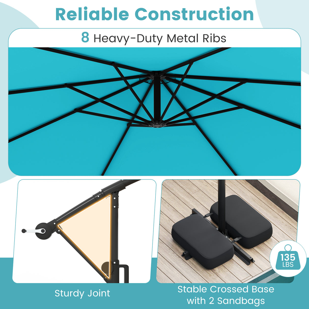10 Feet Solar Offset Hanging Umbrella with Base and LED Lights-Turquoise
