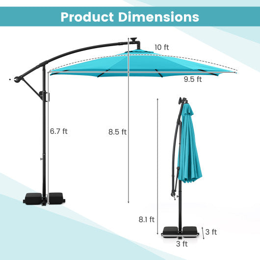 10 Feet Solar Offset Hanging Umbrella with Base and LED Lights-Turquoise