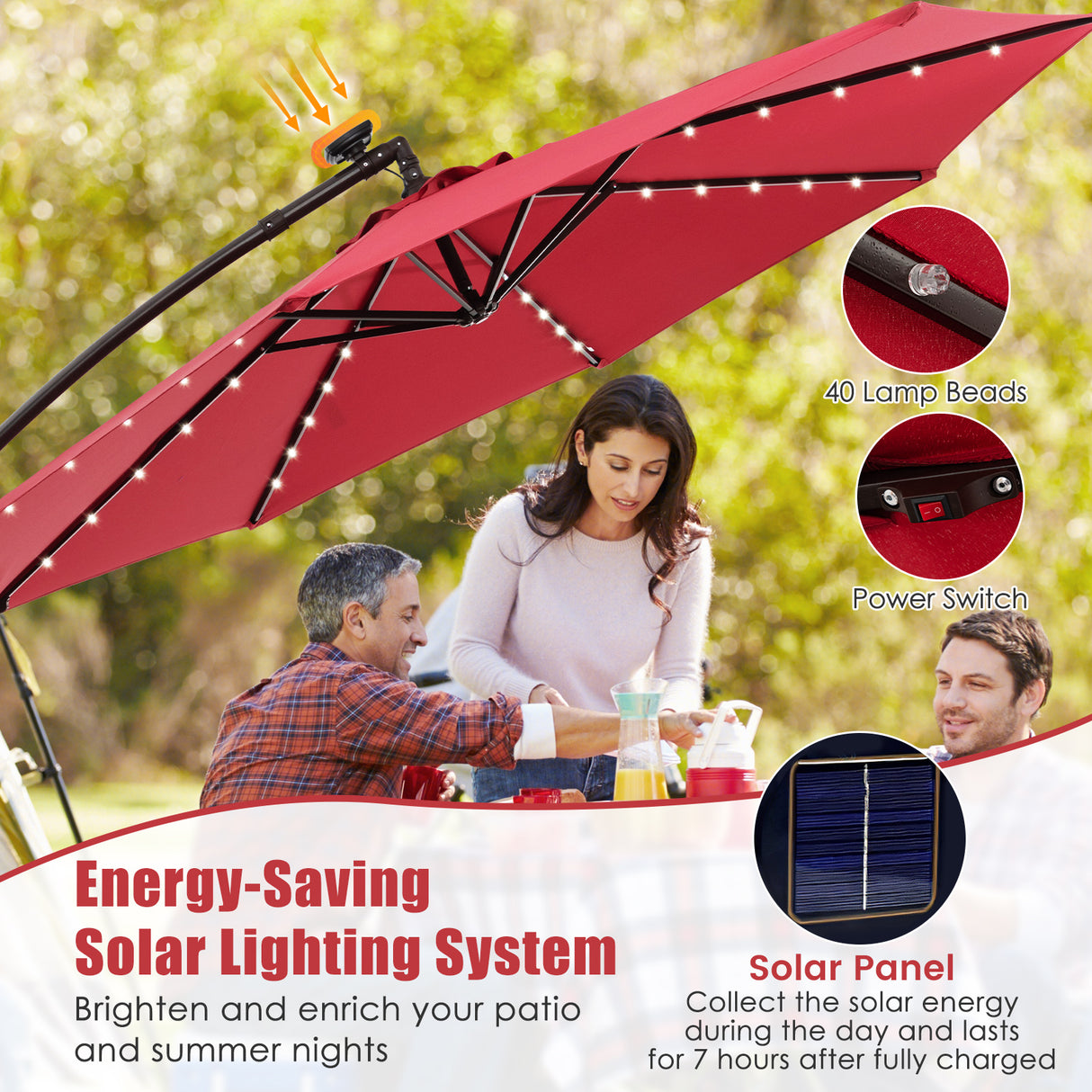 10 Feet Solar Offset Hanging Umbrella with 40 Lamp Beads and Solar Panel-Beige
