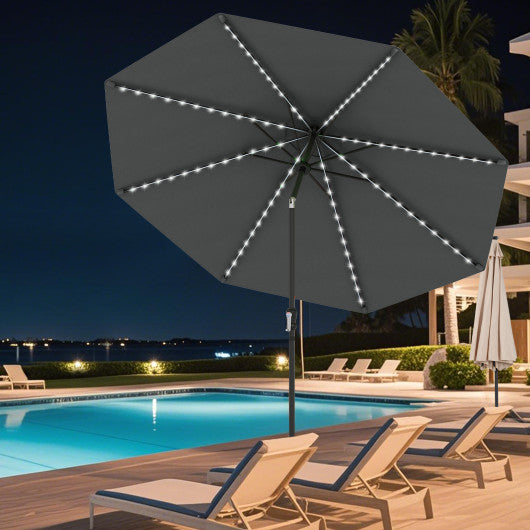 10 Feet Solar Patio Umbrella with 96 Multi-Colored Flowing LED Lights and Tilt Adjustment-Gray