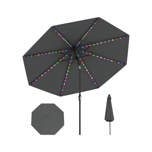10 Feet Solar Patio Umbrella with 96 Multi-Colored Flowing LED Lights and Tilt Adjustment-Gray