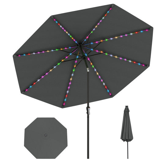 10 Feet Solar Patio Umbrella with 96 Multi-Colored Flowing LED Lights and Tilt Adjustment-Gray