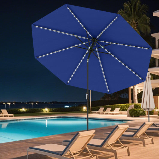 10 Feet Solar Patio Umbrella with 96 Multi-Colored Flowing LED Lights and Tilt Adjustment-Navy