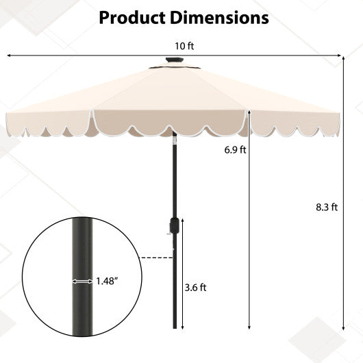 10 Feet Solar Patio Umbrella with 24 LED Lights-Beige