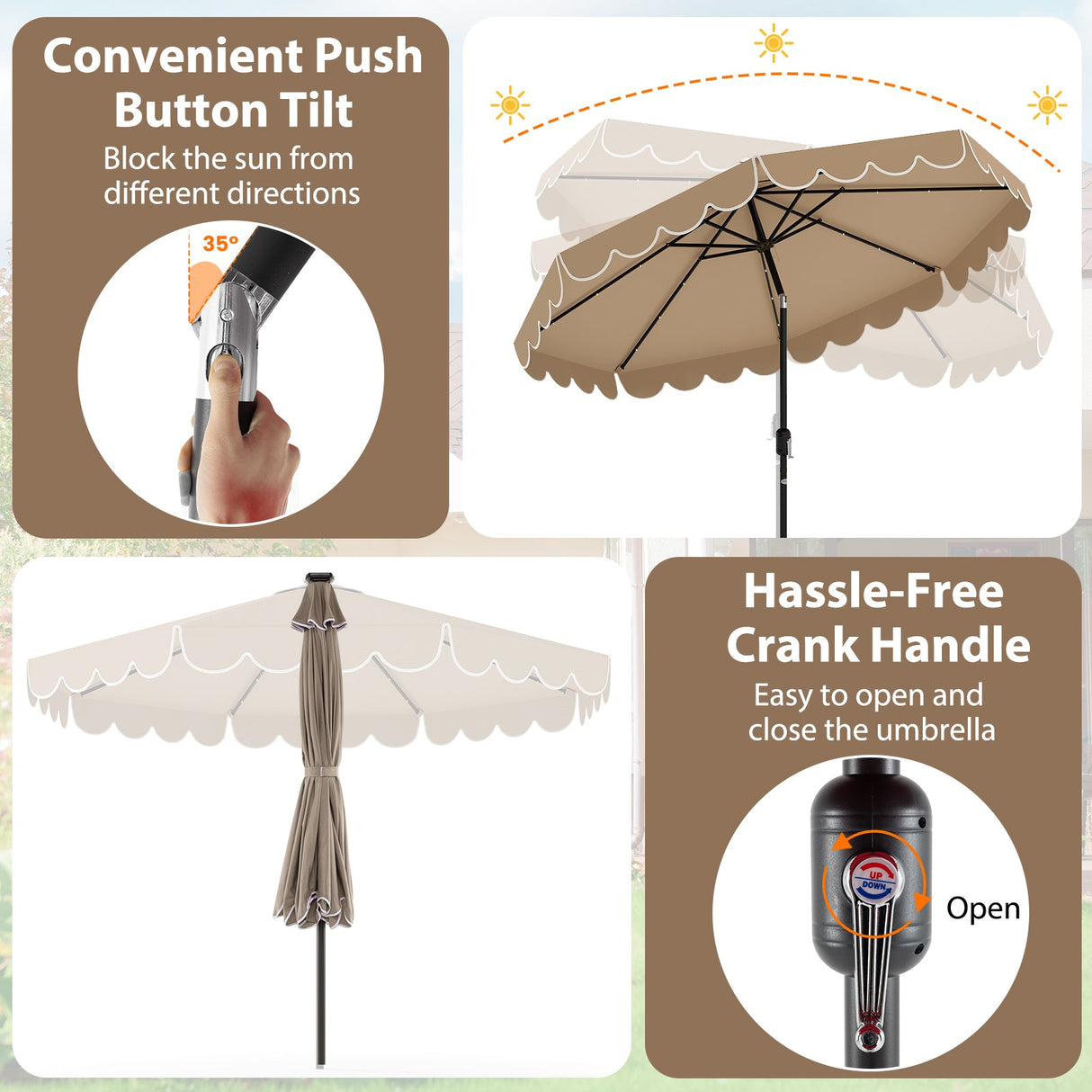 10 Feet Solar Patio Umbrella with 24 LED Lights-Coffee by DirectDeals