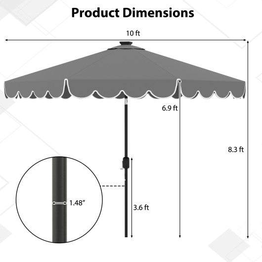 10 Feet Solar Patio Umbrella with 24 LED Lights-Gray