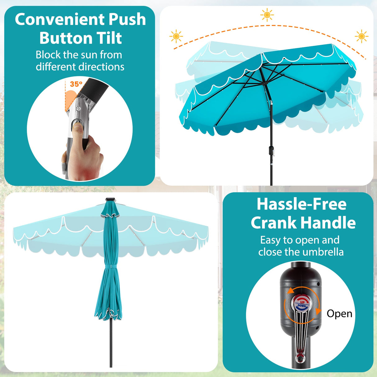 10 Feet Solar Patio Umbrella with 24 LED Lights-Turquoise by DirectDeals