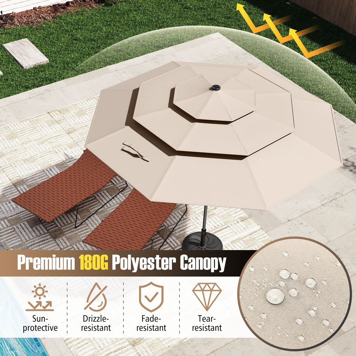 10 Feet Solar Patio Umbrella with 32 LED Lights 3-Tier Vented Top-Beige by DirectDeals