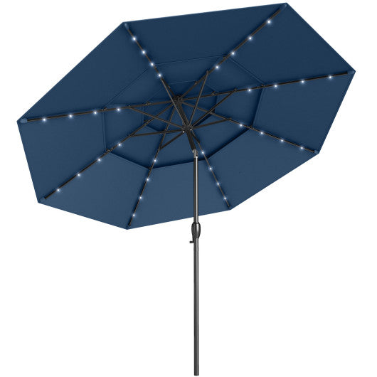 10 Feet Solar Patio Umbrella with 32 LED Lights 3-Tier Vented Top-Navy