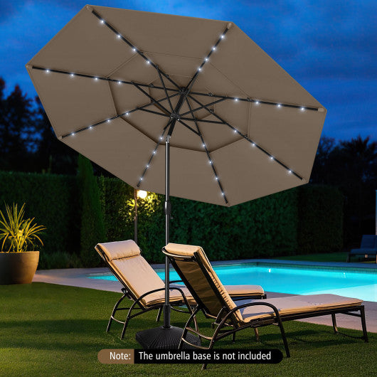 10 Feet Solar Patio Umbrella with 32 LED Lights 3-Tier Vented Top-Taupe
