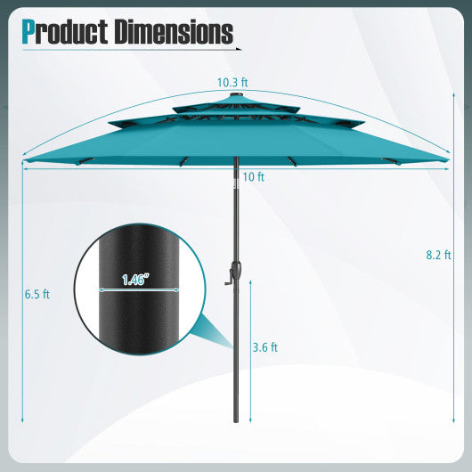 10 Feet Solar Patio Umbrella with 32 LED Lights 3-Tier Vented Top-Turquoise