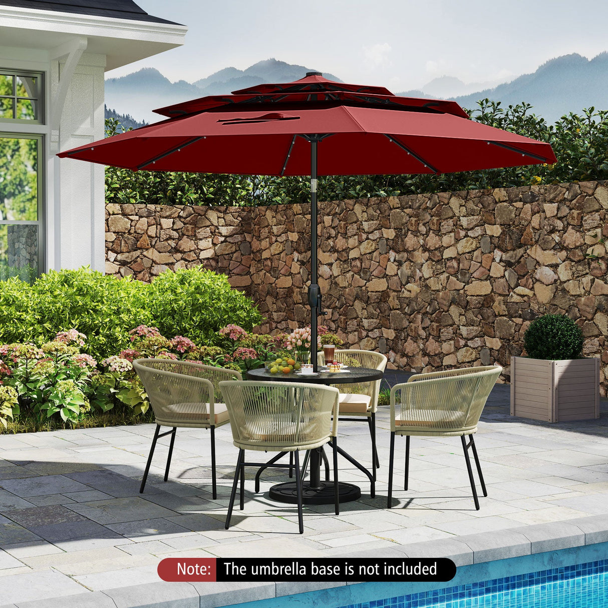 10 Feet Solar Patio Umbrella with 32 LED Lights 3-Tier Vented Top-Wine by DirectDeals
