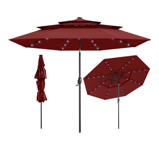10 Feet Solar Patio Umbrella with 32 LED Lights 3-Tier Vented Top-Wine