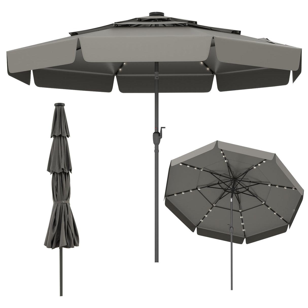 10 Feet Solar Patio Umbrella with 3-Tier Vented Top-Gray by DirectDeals