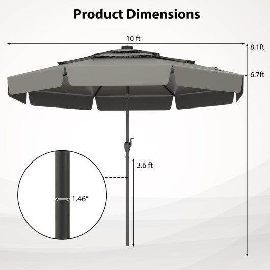 10 Feet Solar Patio Umbrella with 3-Tier Vented Top-Gray