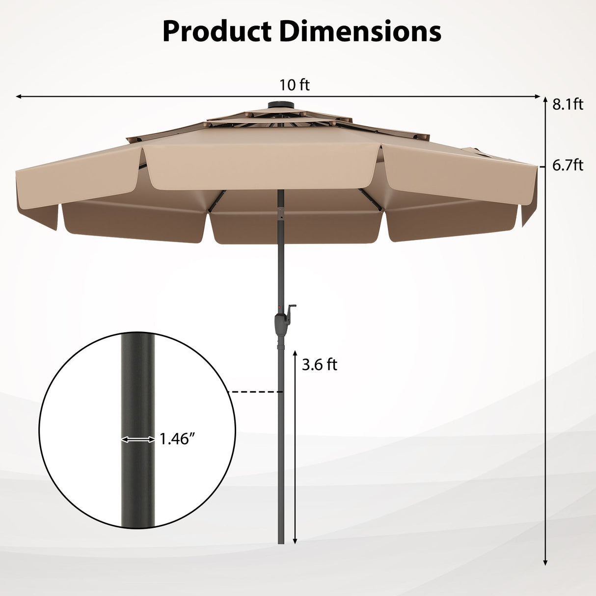 10 Feet Solar Patio Umbrella with 3-Tier Vented Top-Taupe by DirectDeals