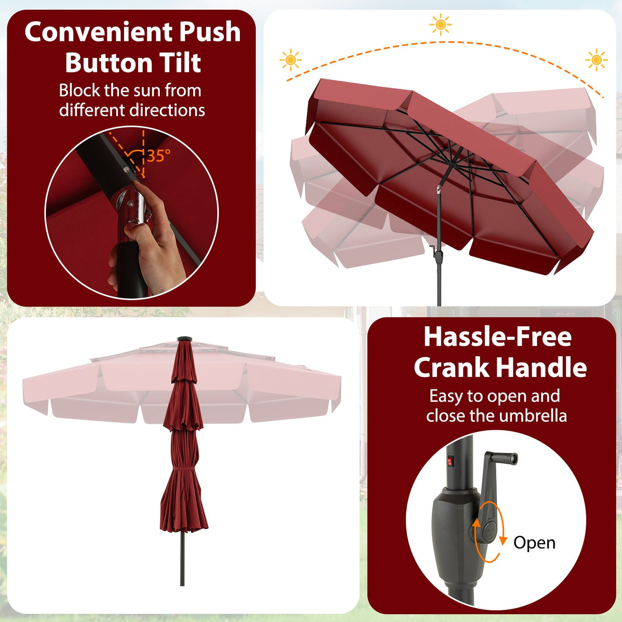 10 Feet Solar Patio Umbrella with 3-Tier Vented Top-Red by DirectDeals