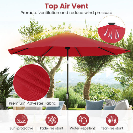 10 Feet Solar Patio Umbrella with 96 Multi-Colored Flowing LED Lights and Tilt Adjustment-Red