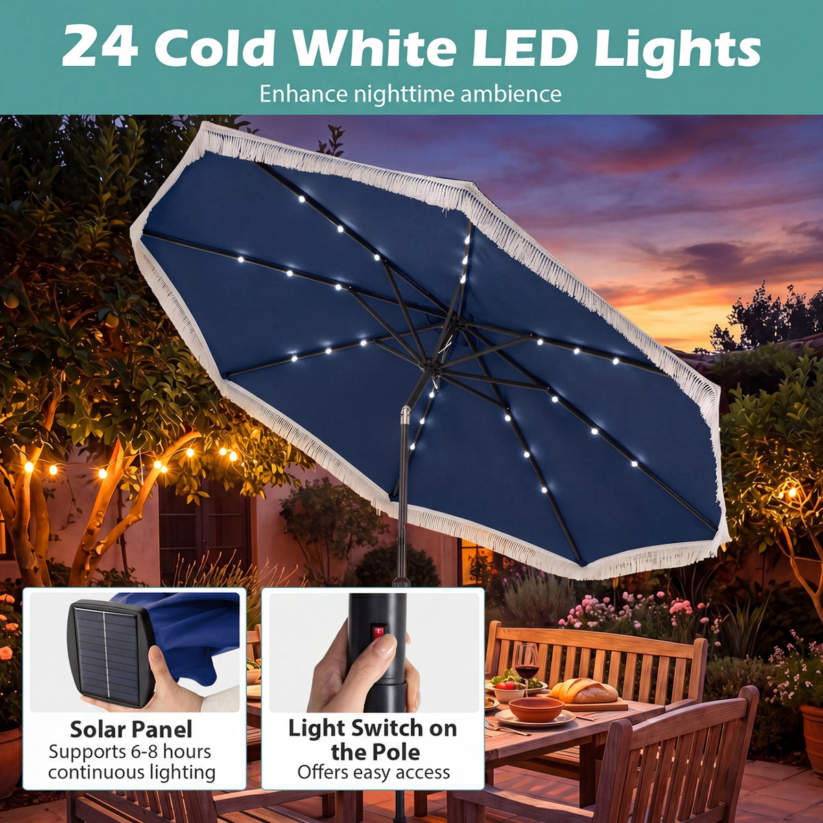 10 Feet Solar Patio Umbrella with 24 LED Lights for Yard-Navy