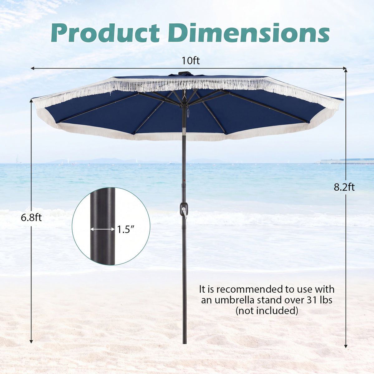 10 Feet Solar Patio Umbrella with 24 LED Lights for Yard-Navy