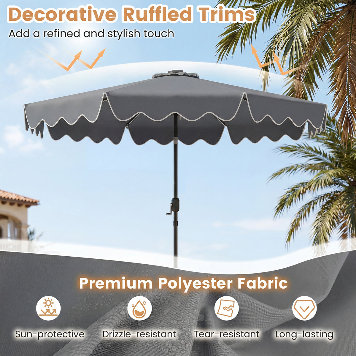 10 Feet Solar Patio Umbrella with Color-Changing LED Lights-Gray