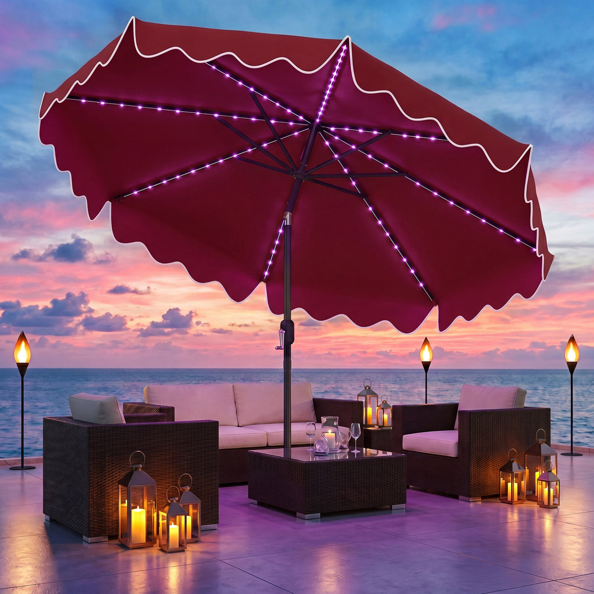 10 Feet Solar Patio Umbrella with Color-Changing LED Lights-Wine