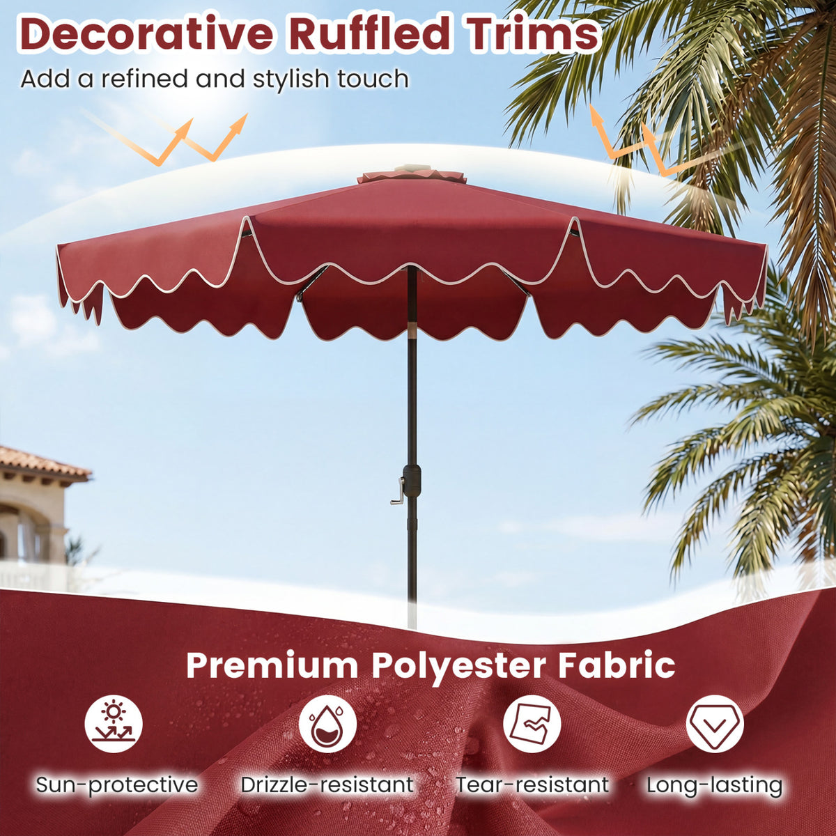 10 Feet Solar Patio Umbrella with Color-Changing LED Lights-Wine