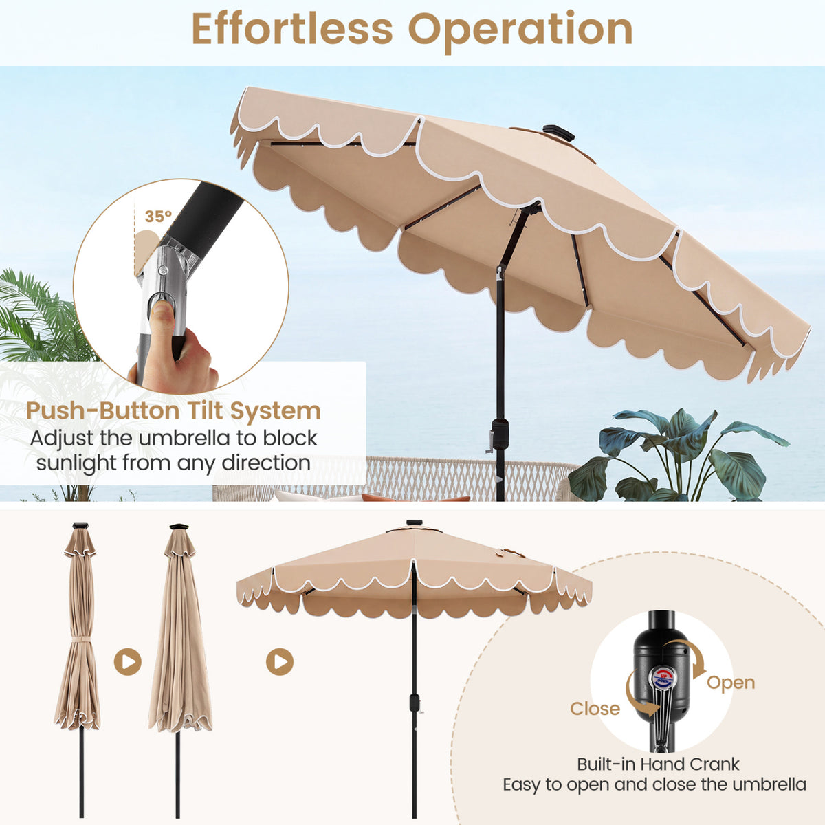 10 Feet Solar Patio Umbrella with 24 LED Lights-Beige