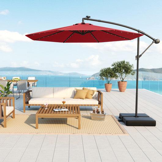10 Ft Patio Umbrella Offset Cantilever Umbrella with 40 Solar Powered Lights-Red