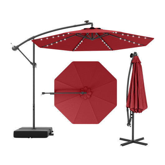 10 Ft Patio Umbrella Offset Cantilever Umbrella with 40 Solar Powered Lights-Red