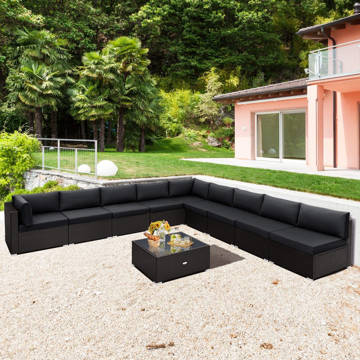 10 Piece Outdoor Wicker Conversation Set with Seat and Back Cushions-Black by DirectDeals