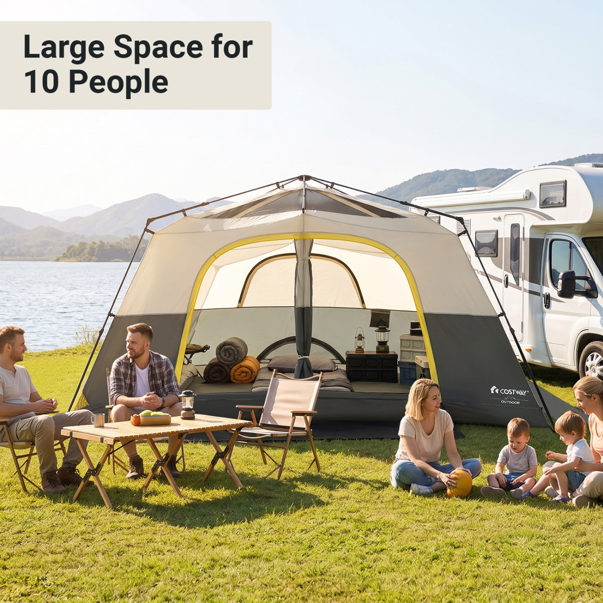 10 Person Instant Cabin Camping Tent with Rainfly 13 ft x 9 ft Portable Large Family Tent-Beige