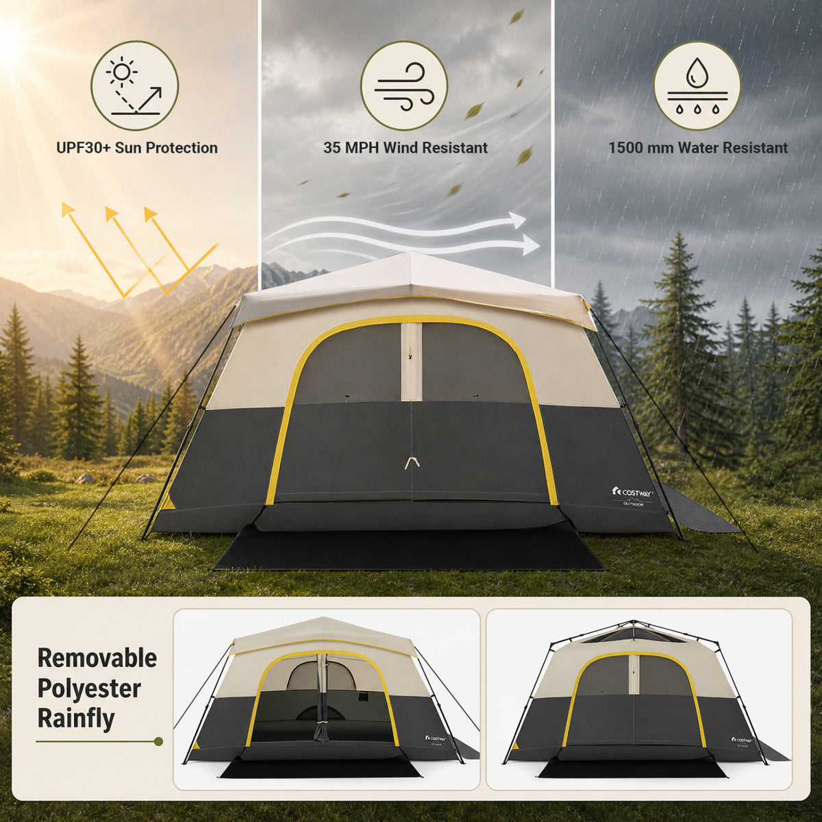 10 Person Instant Cabin Camping Tent with Rainfly 13 ft x 9 ft Portable Large Family Tent-Beige