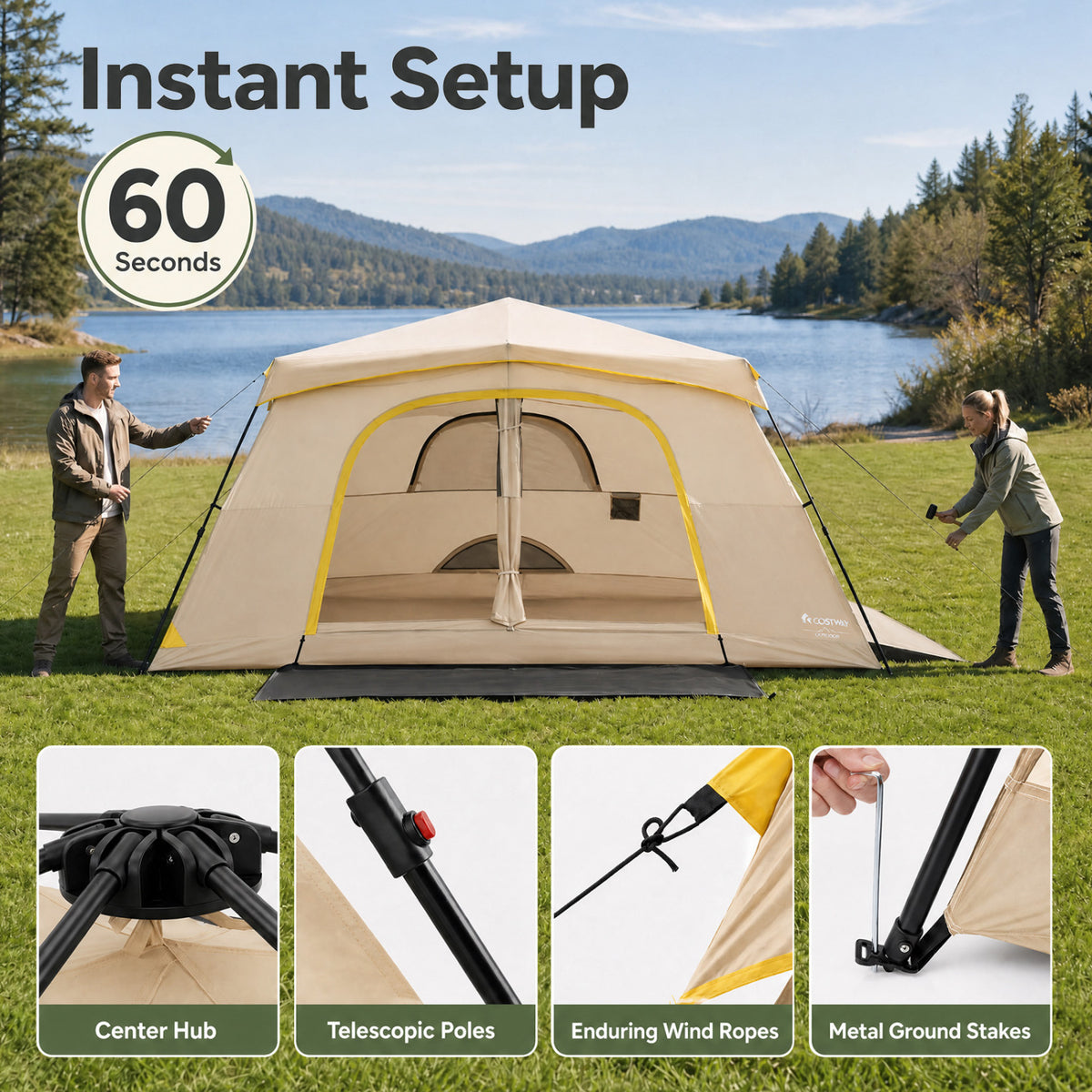 10 Person Instant Cabin Camping Tent with Rainfly 13 ft x 9 ft Portable Large Family Tent-Coffee