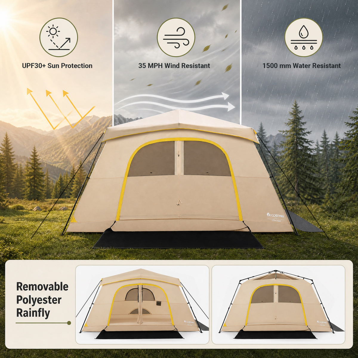 10 Person Instant Cabin Camping Tent with Rainfly 13 ft x 9 ft Portable Large Family Tent-Coffee