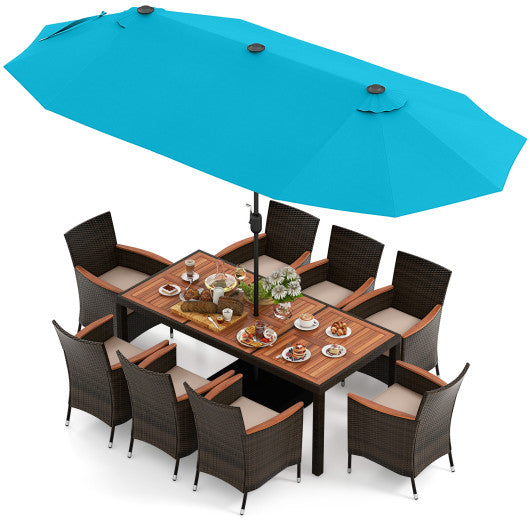 10 Piece Outdoor Dining Set with 15 Feet Double-Sided Twin Patio Umbrella-Turquoise