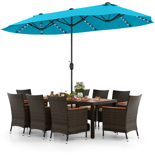 10 Piece Outdoor Dining Set with 15 Feet Double-Sided Twin Patio Umbrella-Turquoise