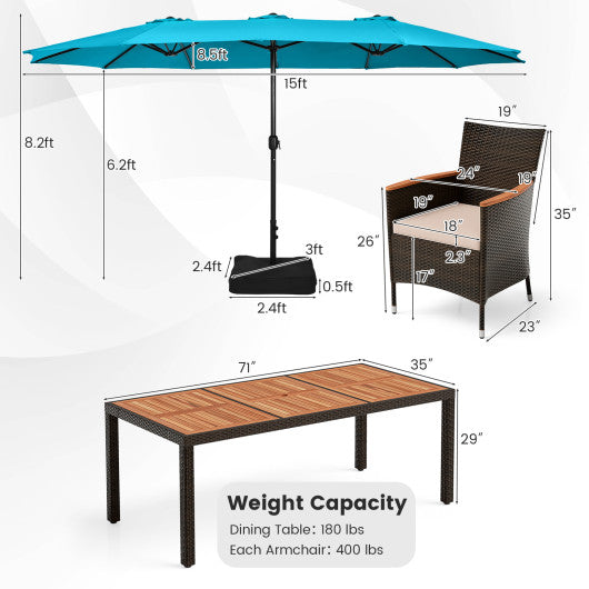 10 Piece Outdoor Dining Set with 15 Feet Double-Sided Twin Patio Umbrella-Turquoise