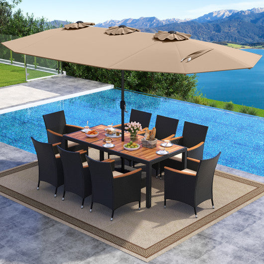 10 Piece Outdoor Dining Set with 15 Feet Double-Sided Twin Umbrella-Brown