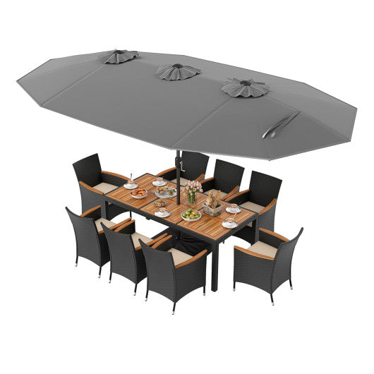 10 Piece Outdoor Dining Set with 15 Feet Double-Sided Twin Umbrella-Gray