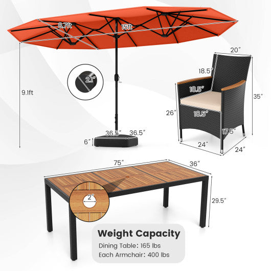 10 Piece Outdoor Dining Set with 15 Feet Double-Sided Twin Umbrella-Orange