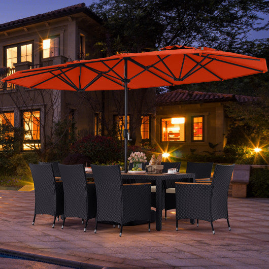 10 Piece Outdoor Dining Set with 15 Feet Double-Sided Twin Umbrella-Orange