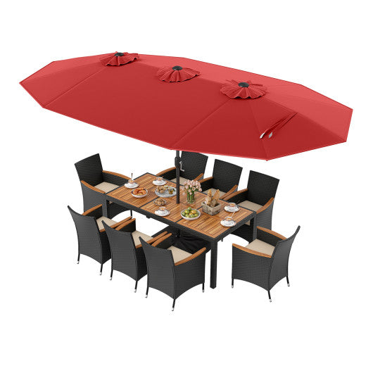 10 Piece Outdoor Dining Set with 15 Feet Double-Sided Twin Umbrella-Red