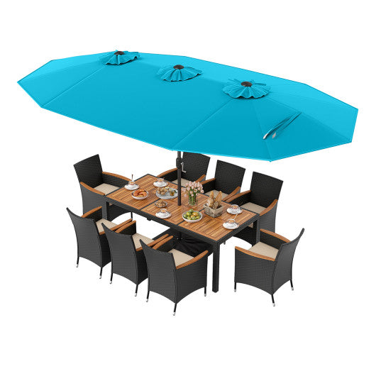 10 Piece Outdoor Dining Set with 15 Feet Double-Sided Twin Umbrella-Turquoise