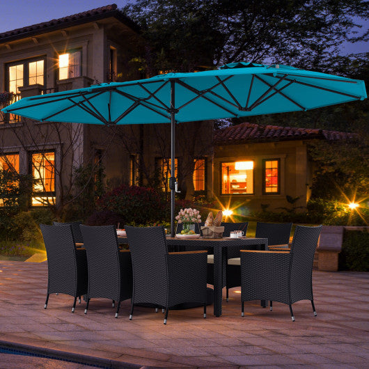 10 Piece Outdoor Dining Set with 15 Feet Double-Sided Twin Umbrella-Turquoise
